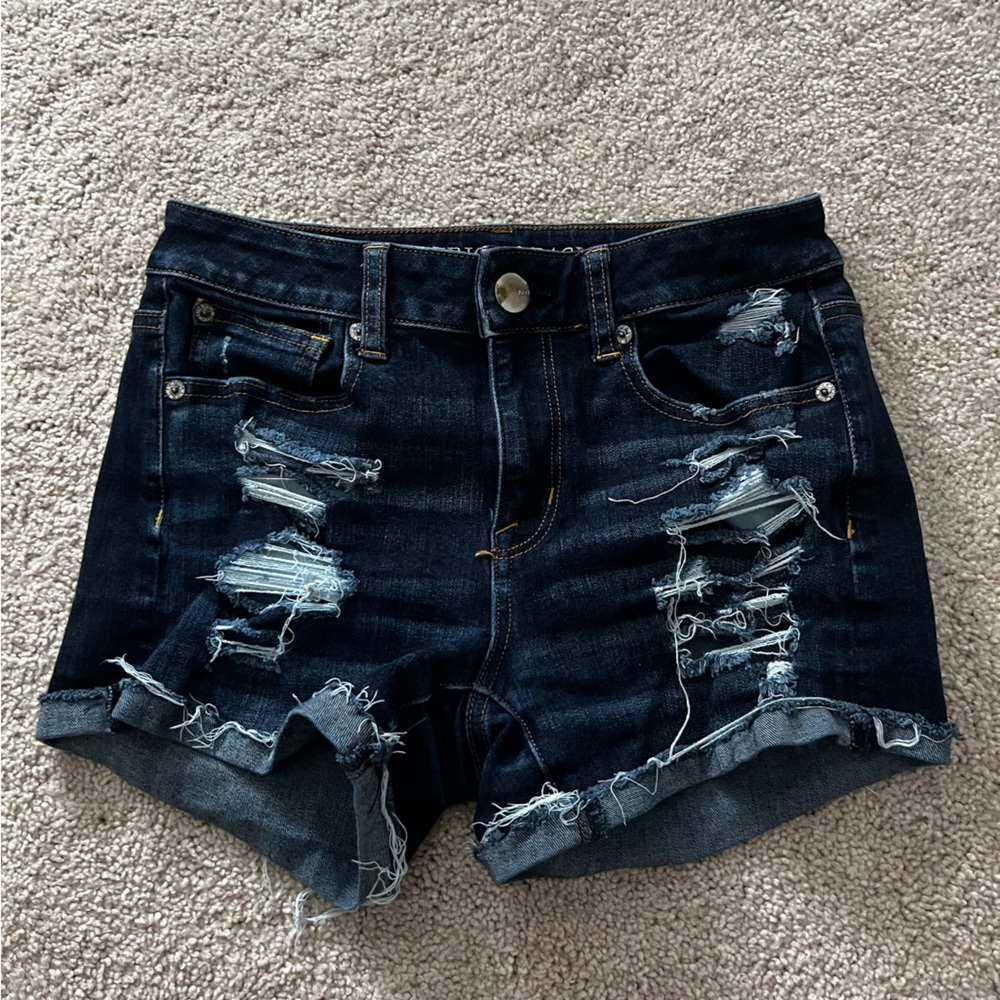 American Eagle Outfitters High Rise Shortie Blue Distressed Jean Shorts